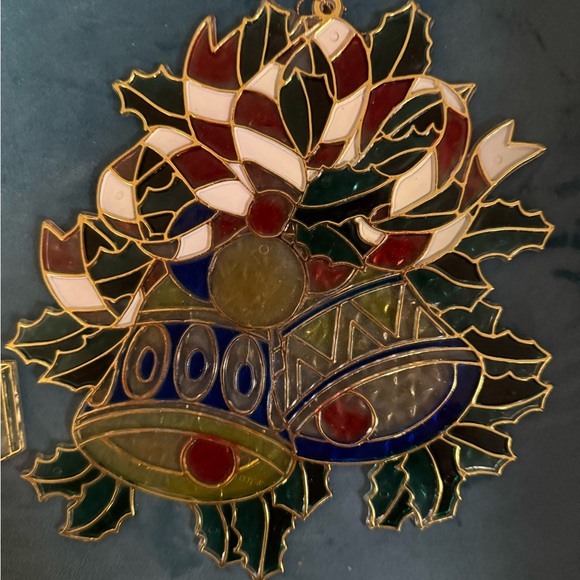 Stained Glass Christmas Window Hangings Santa and Garland with Bells Profile Vtg - Picture 3 of 3